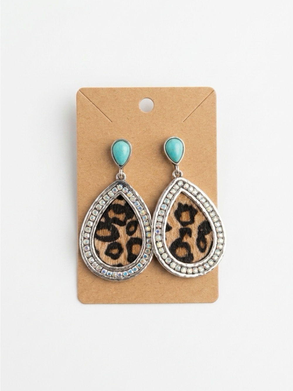 Leopard Print Teardrop Earrings with Turquoise Studs